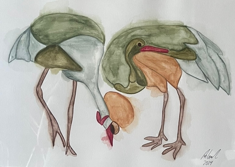 Zwei Kraniche auf Aquarellpapier